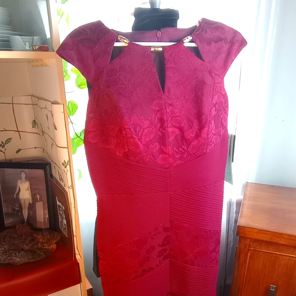 REDUCED! MELROSE SOCIAL Burgundy BodyCon Lace Block Sheath Sz 8 NWT